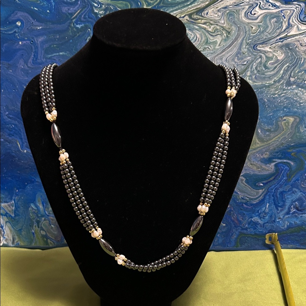 Hematite beads and freshwater pearls triple-strand continuous necklace